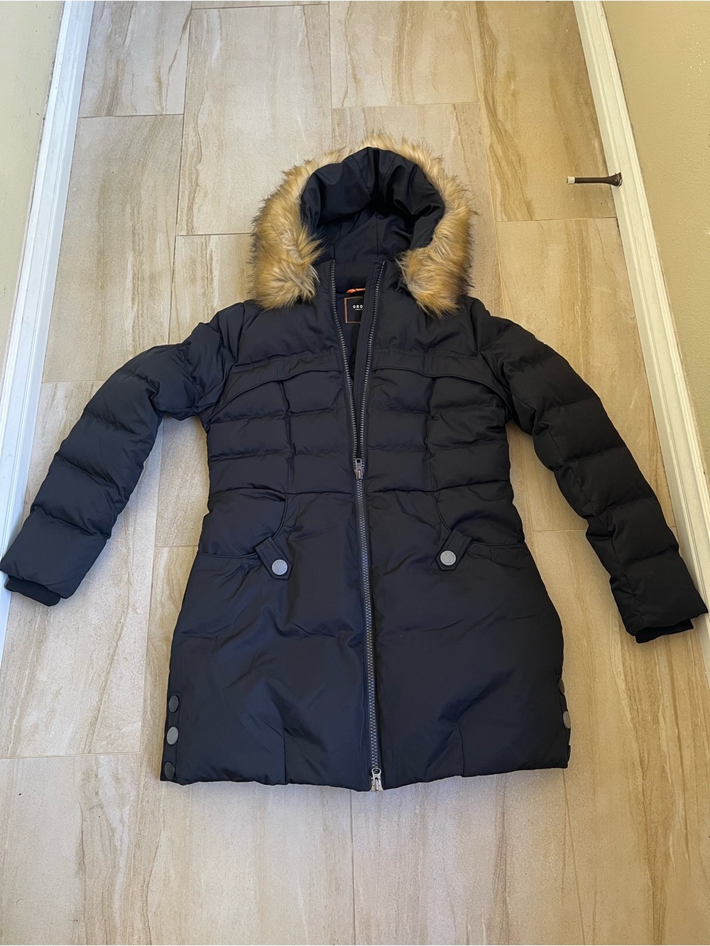 Orolay Black Down Puffer Long Coat with Faux Fur Trim Hood